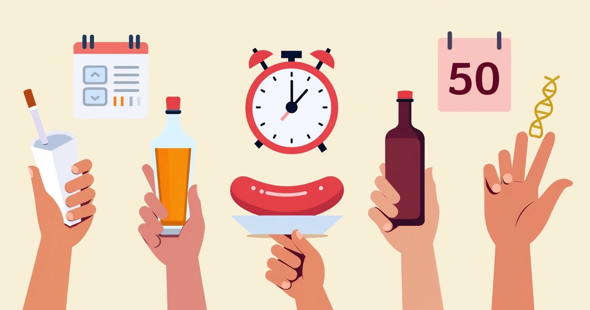 Ícones representando fatores de risco do câncer intestinal 