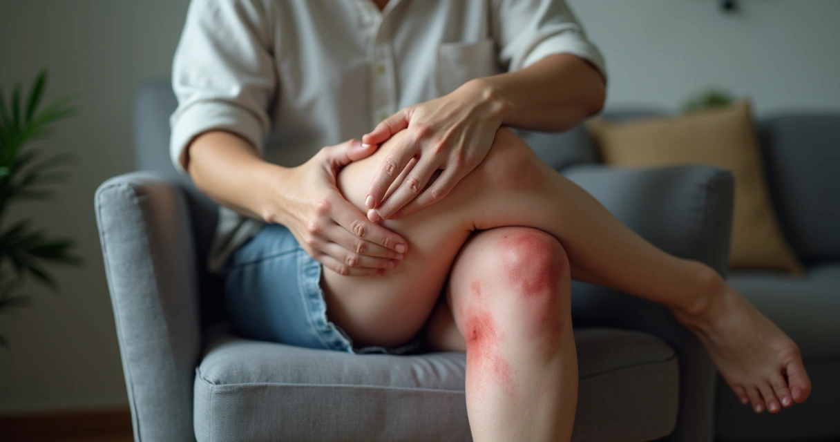 Pessoa sentada por muito tempo com pernas cruzadas, uma das pernas com marcas vermelhas mostrando inflamação e veias, fundo discreto mostrando relógio de parede e ambiente interno. 