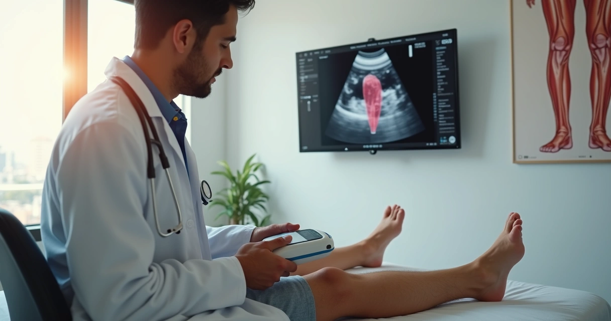 Médico vascular avaliando pernas inchadas de paciente em consultório 