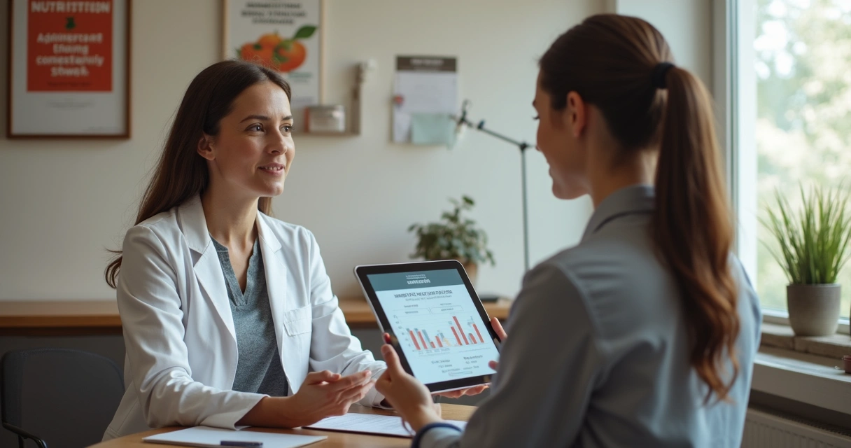 Nutricionista entrevistando paciente em consultório, analisando dados socioeconômicos em tablet 