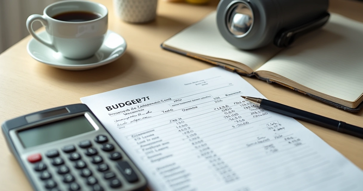 Fatura, calculadora e anotações financeiras sobre uma mesa 