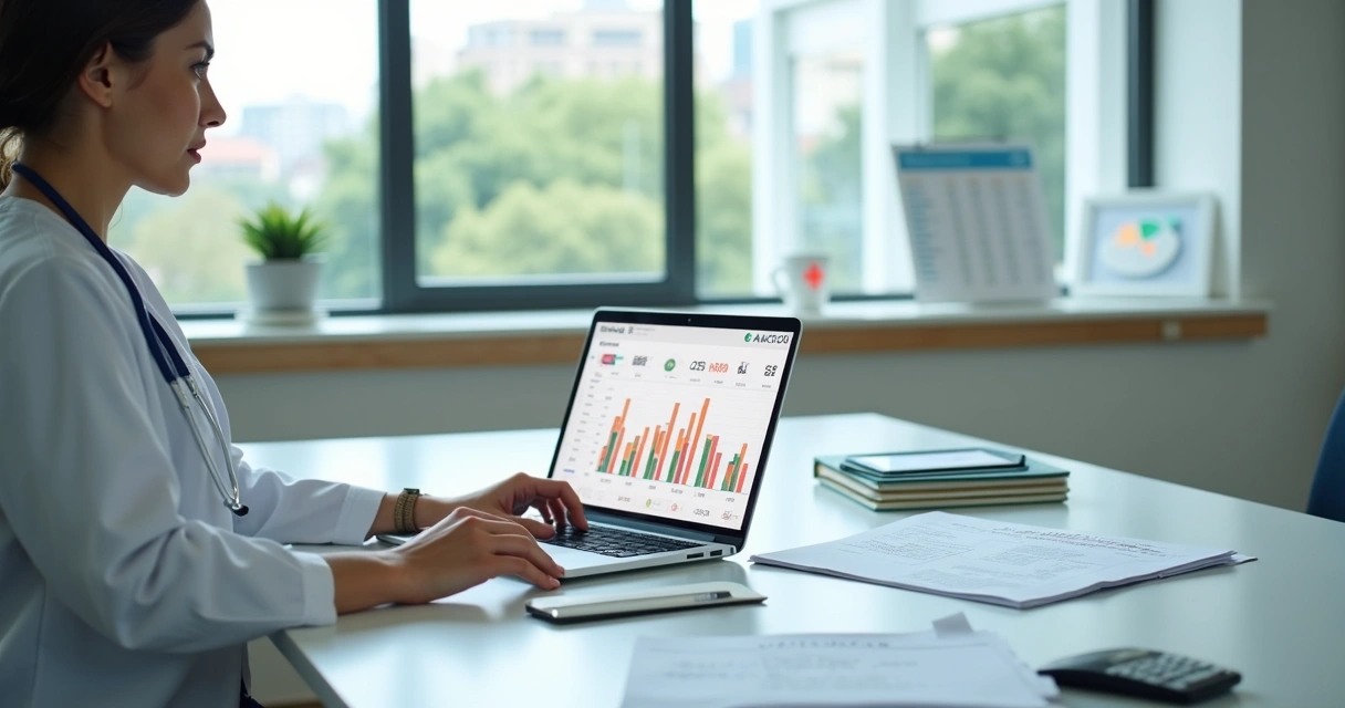 Médica calcula faturamento de consultas remotas em notebook com gráficos e notas fiscais ao lado 