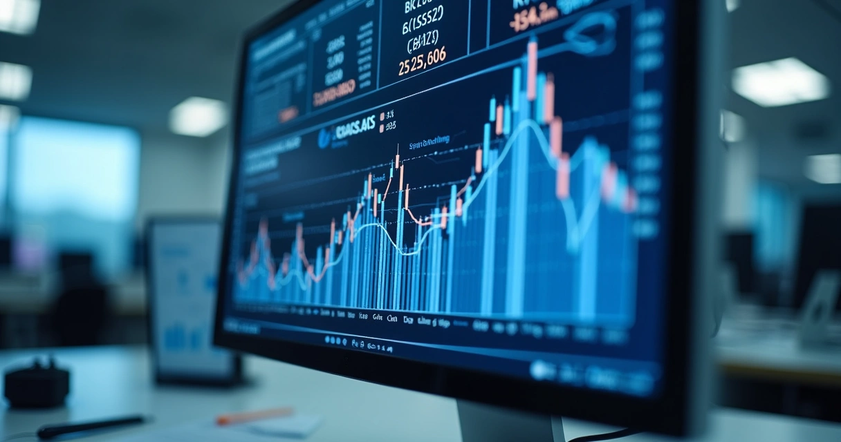 Tela de computador mostrando gráficos financeiros e algoritmos de inteligência artificial