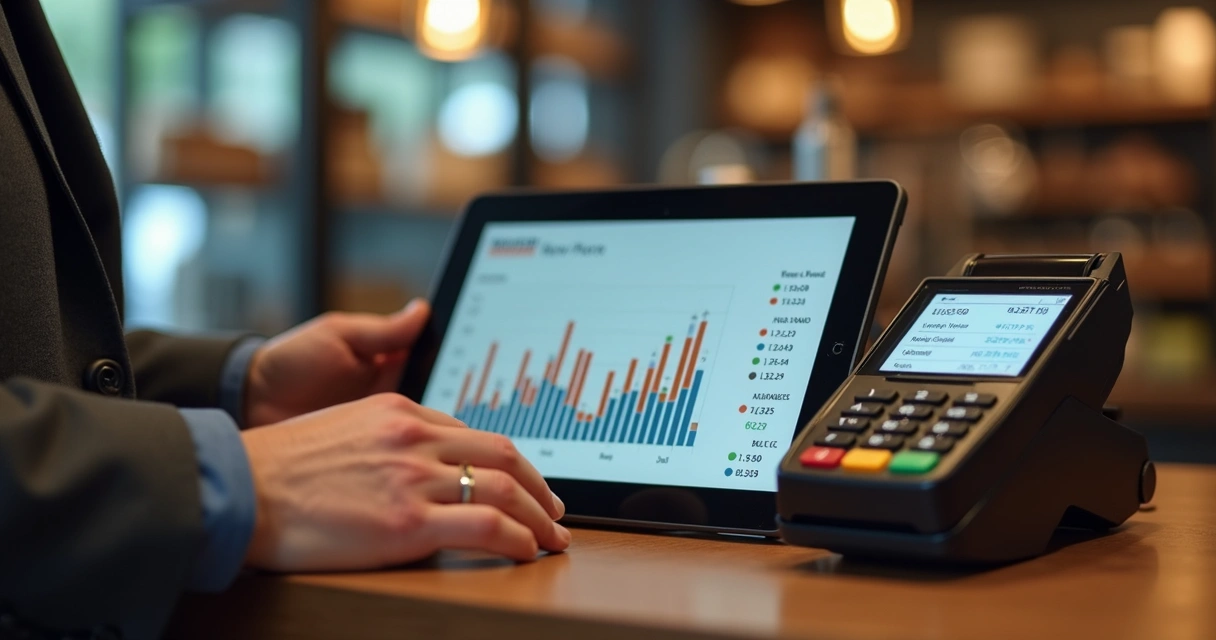 Gráfico de faturamento mensal ao lado de maquininha de cartão 