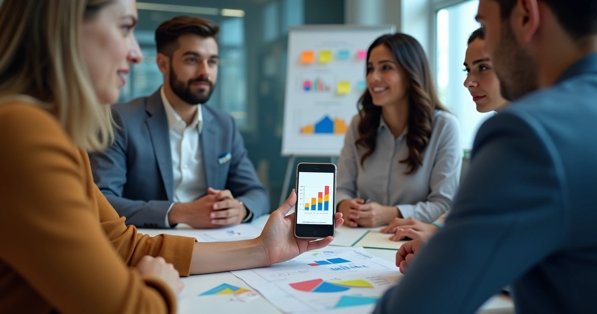 Equipe comercial analisando gráfico de faturamento em smartphone 
