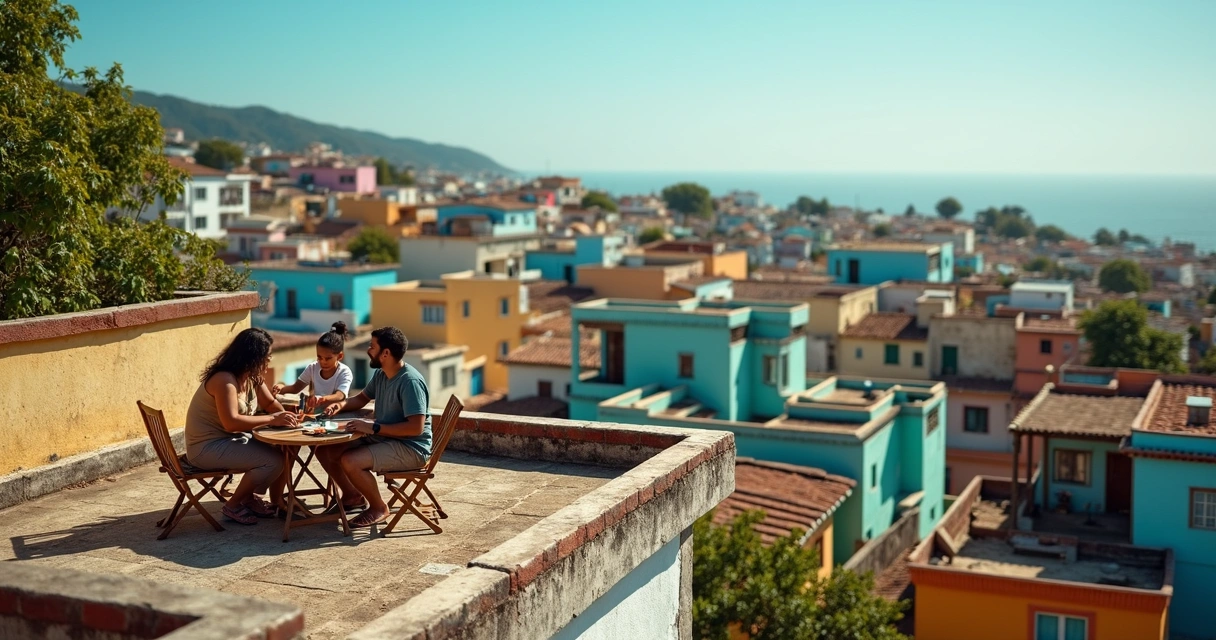 Vista panorâmica de favela brasileira com casas coloridas e família no terraço 