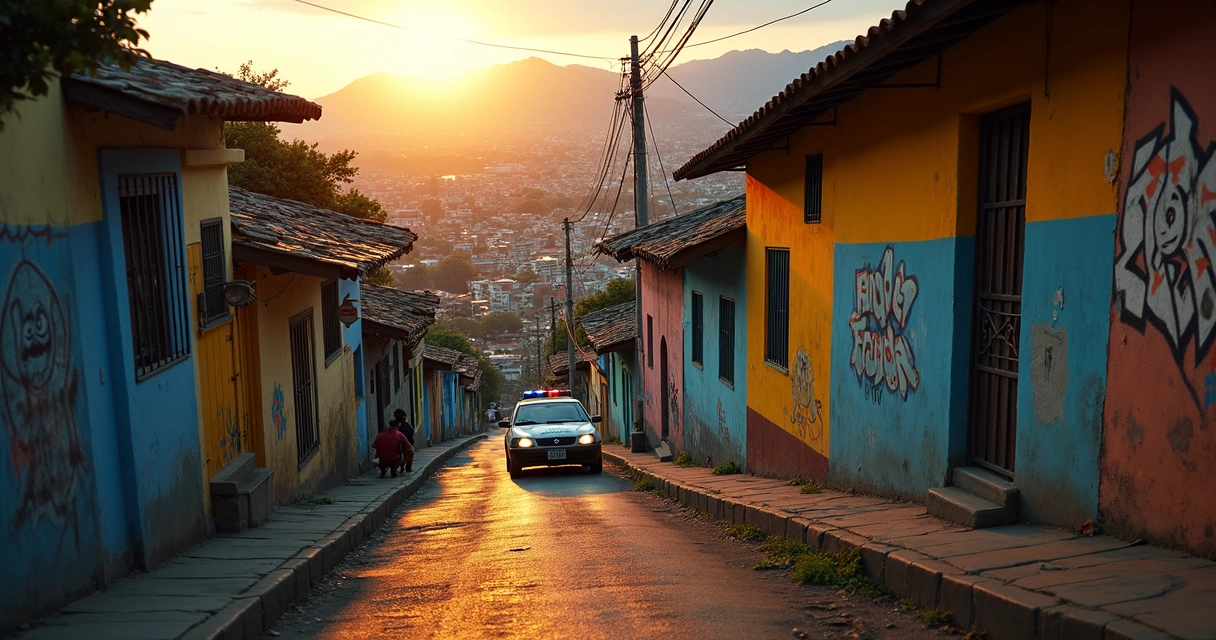 Favela carioca com viatura policial e grafite de facção 
