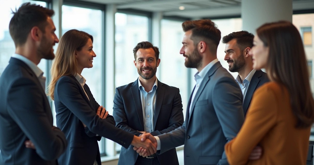 Funcionários reunidos, um sendo parabenizado enquanto outro observa com expressão insatisfeita. 