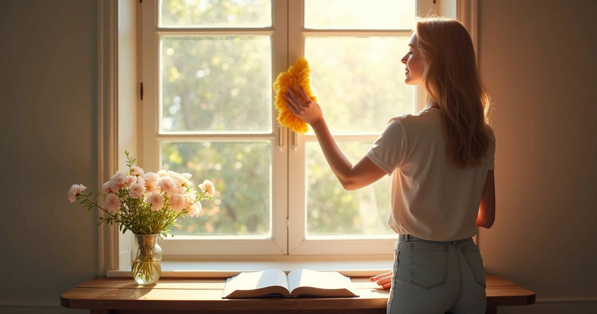Mulher limpando uma janela com Bíblia e flores ao fundo