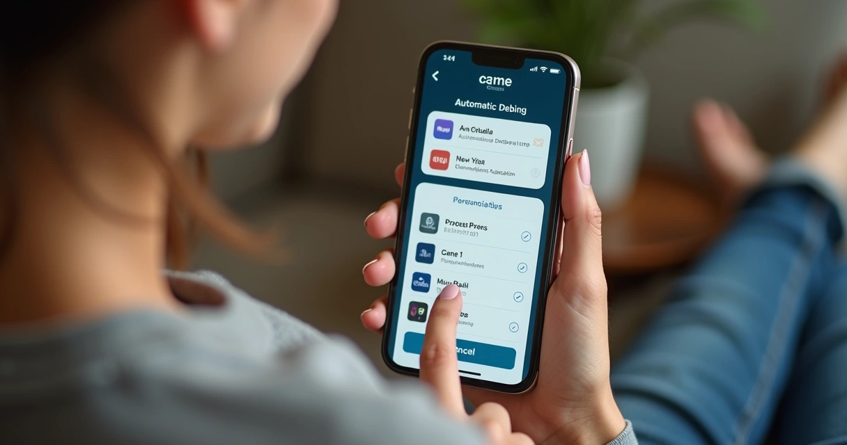 Pessoa com smartphone revisando lista de aplicativos de débito automático, cancelando serviços