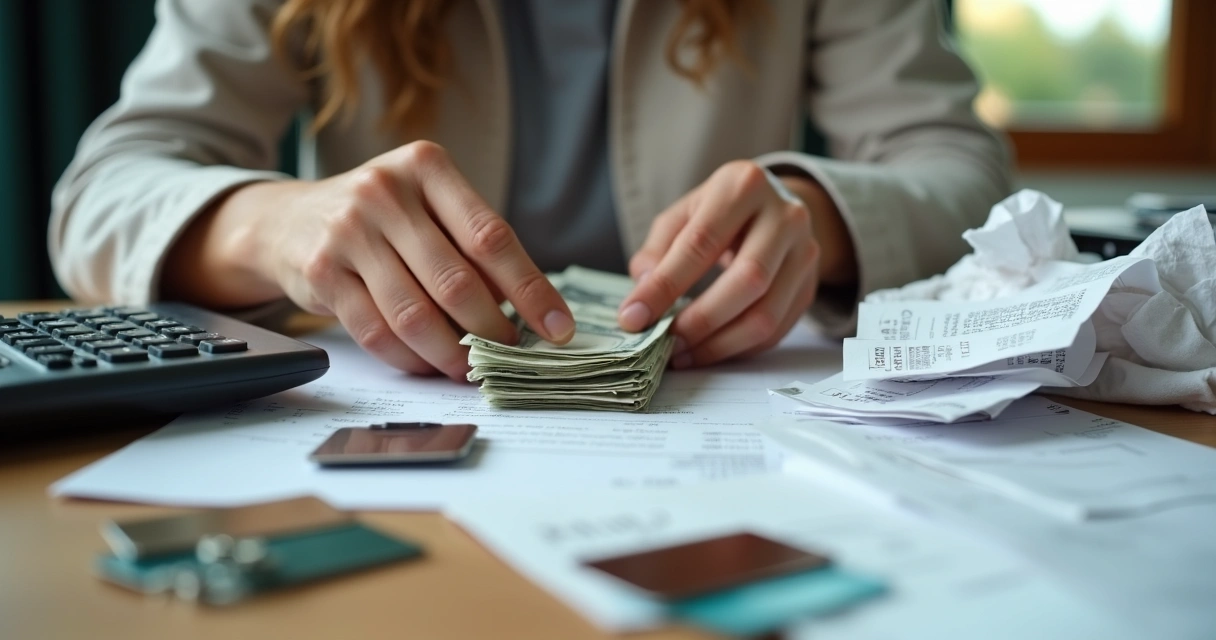 Pessoa organizando a carteira com várias notas e recibos 