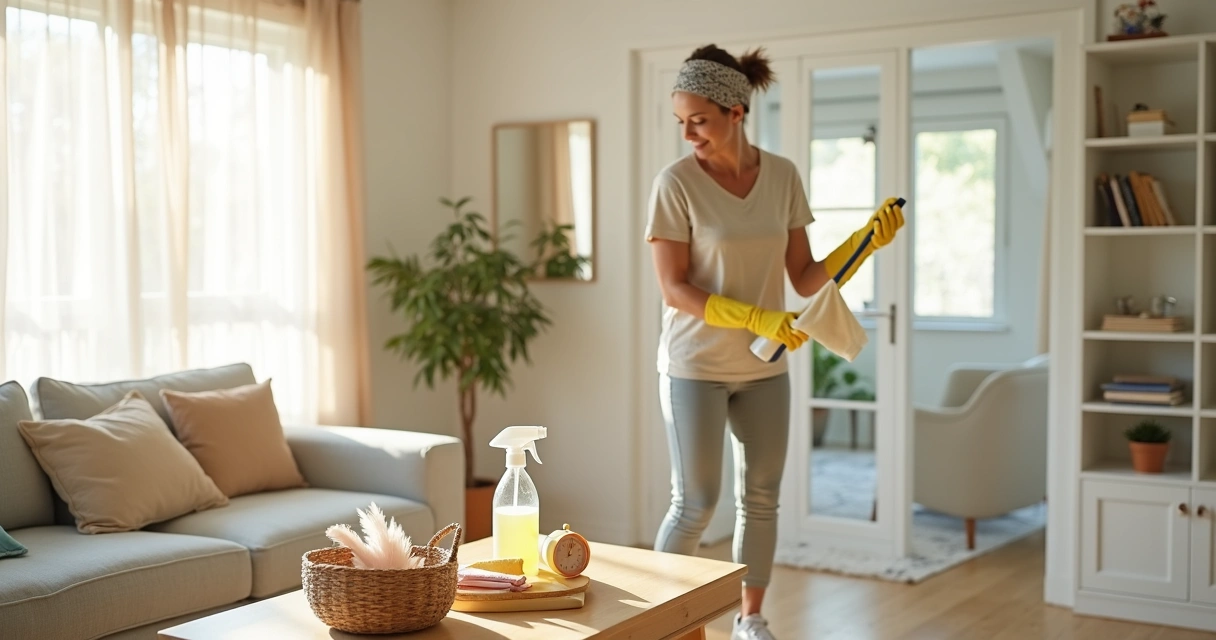 Mulher limpando sala clara com produtos de limpeza e expressão tranquila 