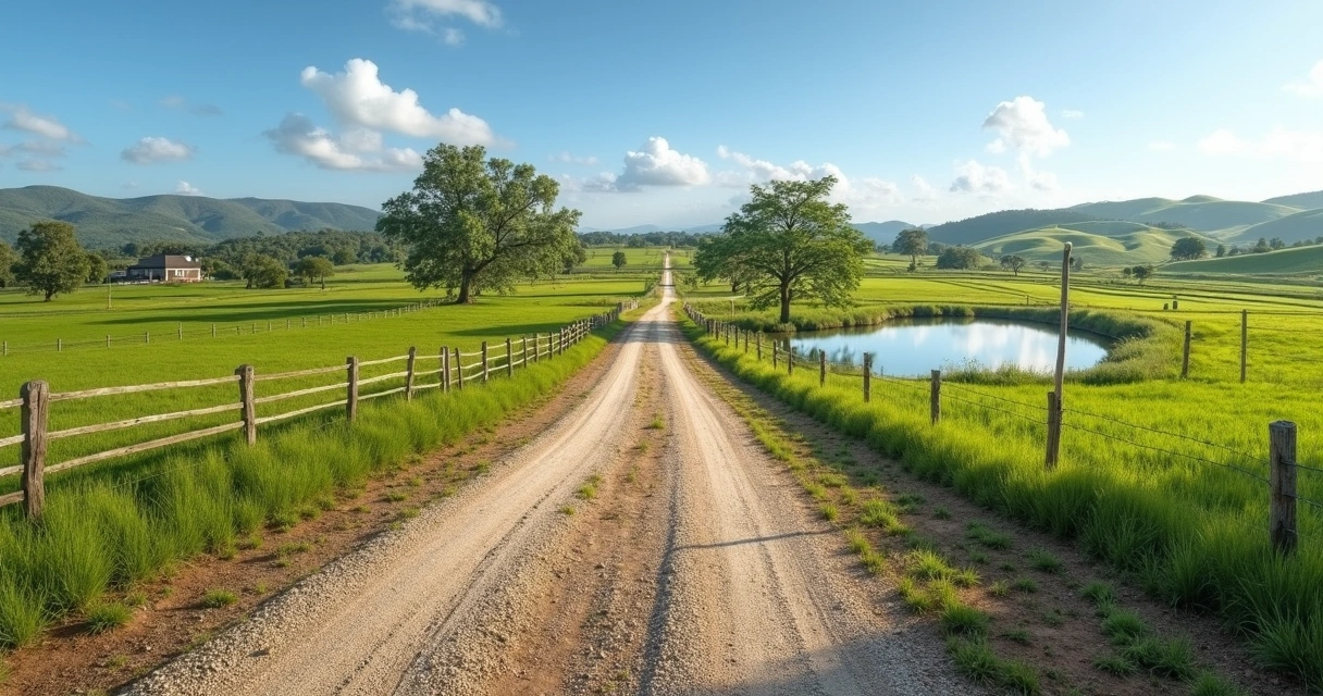 Fazenda com estrada de acesso firme, pasto e reservatório de água 