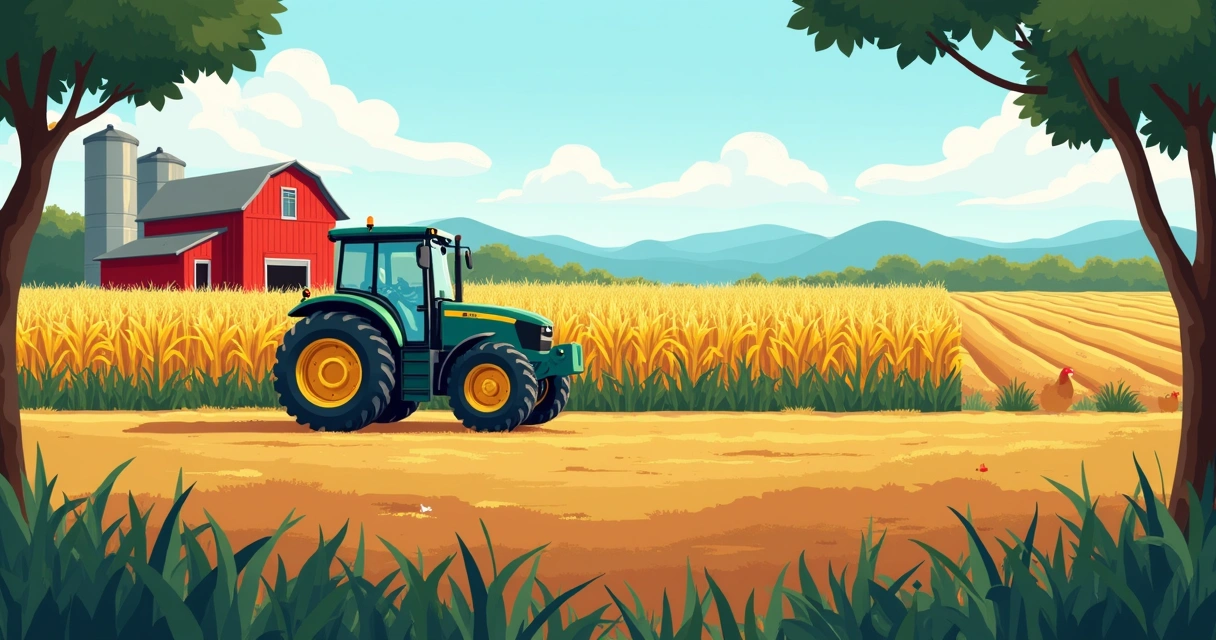 Fazenda agrícola com trator e plantações ao fundo 
