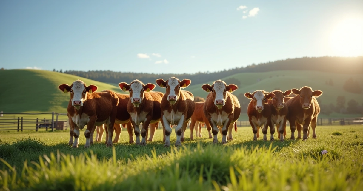 Bezerros recém-desmamados em pasto verde ao entardecer 
