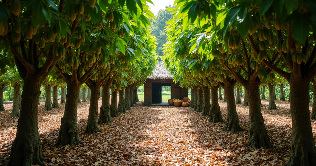 Fazenda de cacau com árvores carregadas de frutos formando um caminho sombreado