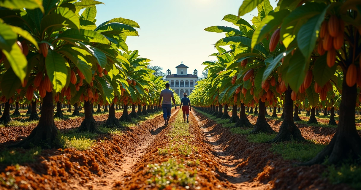 Cacaueiros e trabalhadores em fazenda de cacau na Bahia 