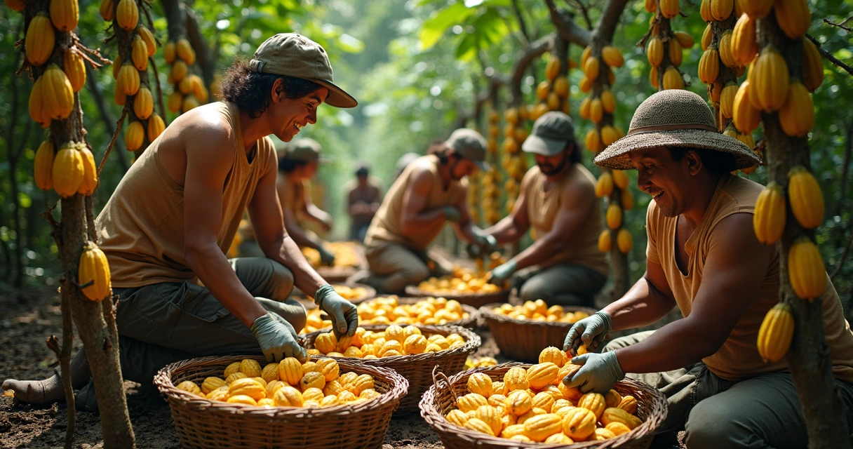 Trabalhadores colhendo frutos de cacau em fazenda no sul da Bahia 