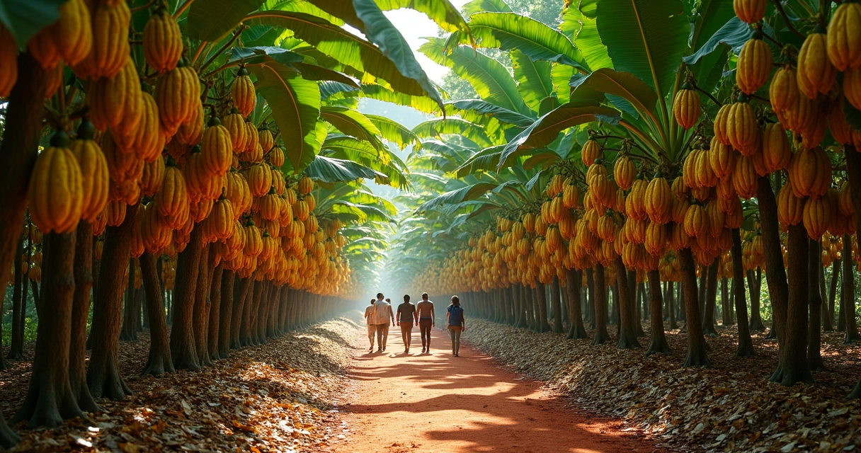Sombra de árvores de cacau cobertas por frutos amarelos e folhas largas, chão avermelhado e trilha de turistas 