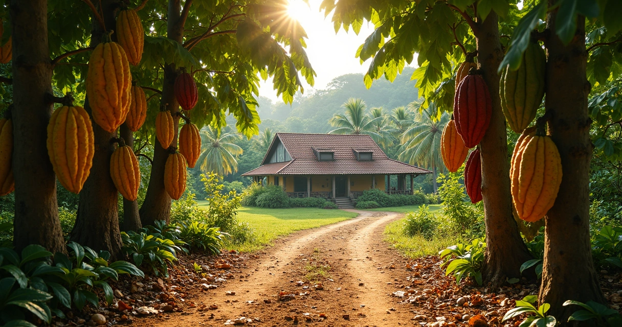 Fazenda de cacau com trilha, frutos e casa histórica em Ilhéus 