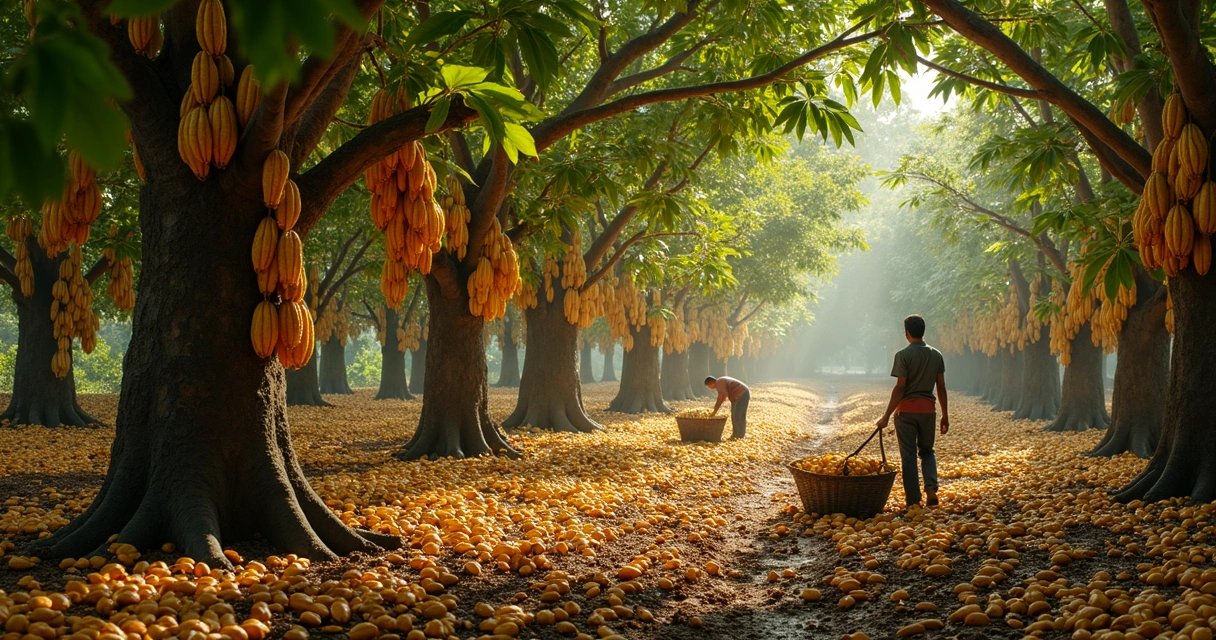 Fazenda de cacau com árvores e frutos pendurados 