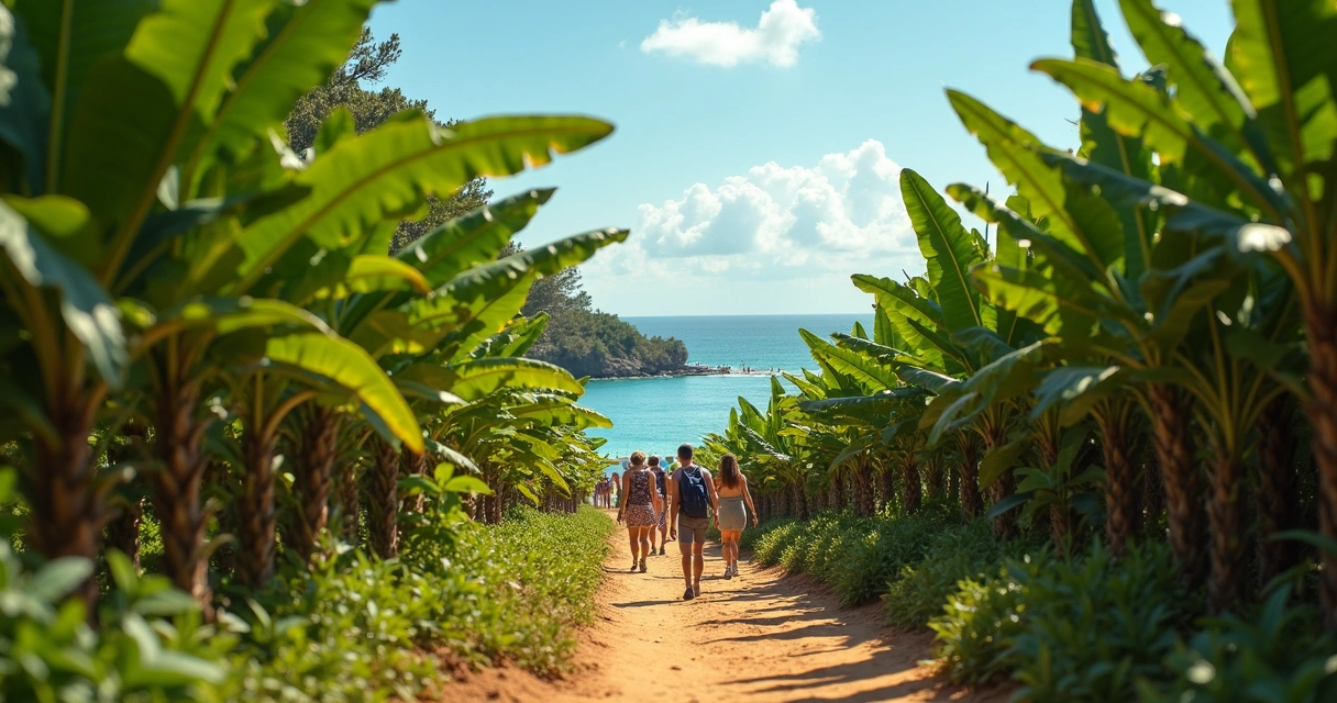 Trilha passando por fazenda de cacau e vista para praia ensolarada em Ilhéus 
