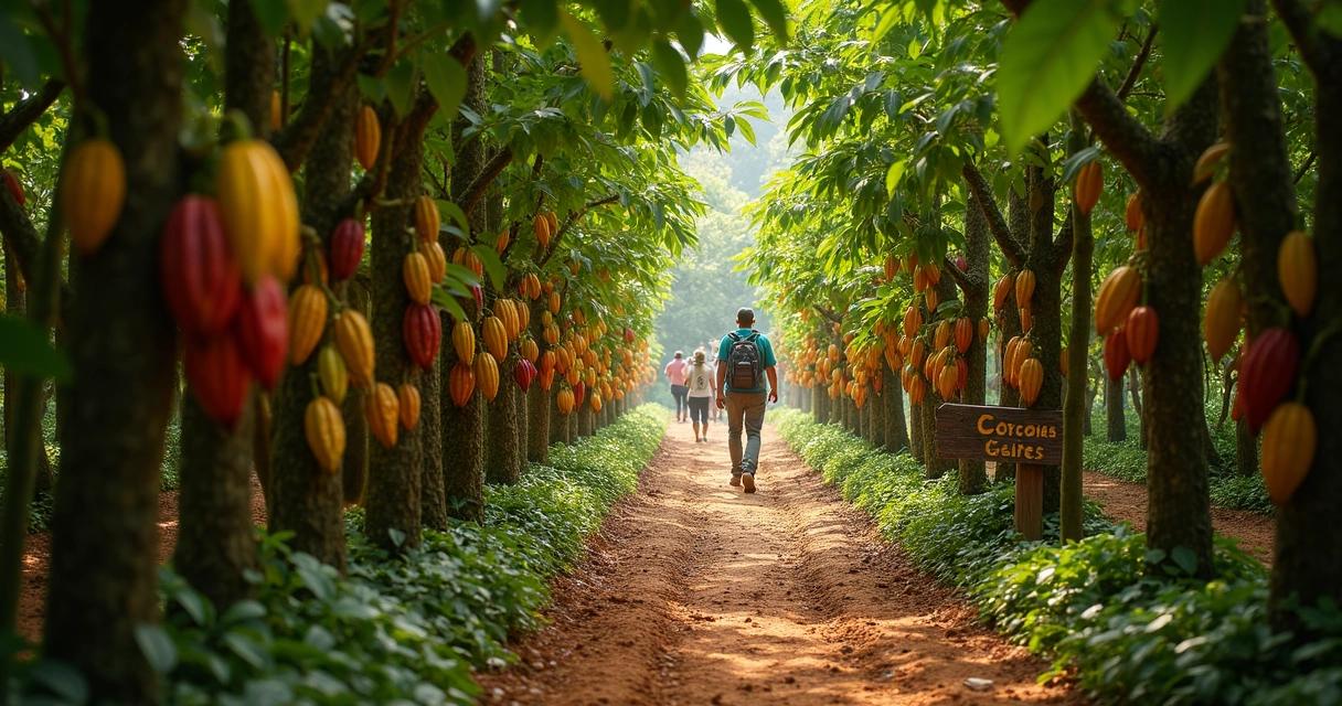 Plantação de cacau com trilha e frutos maduros