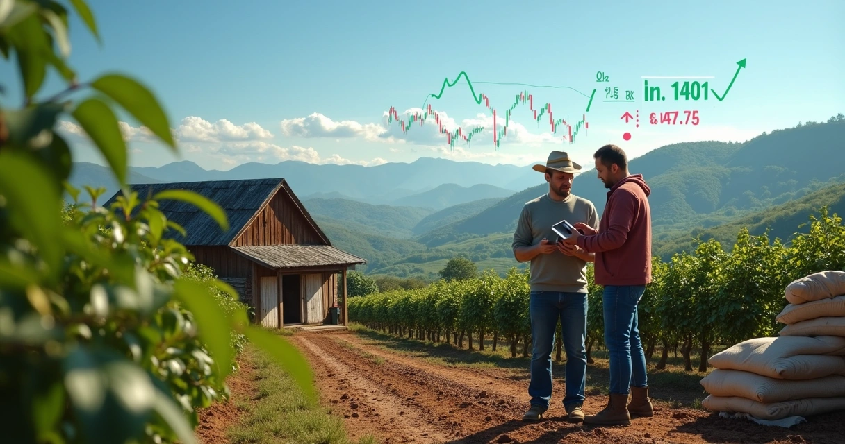 Plantações de café com agricultores analisando gráficos financeiros em tablet 