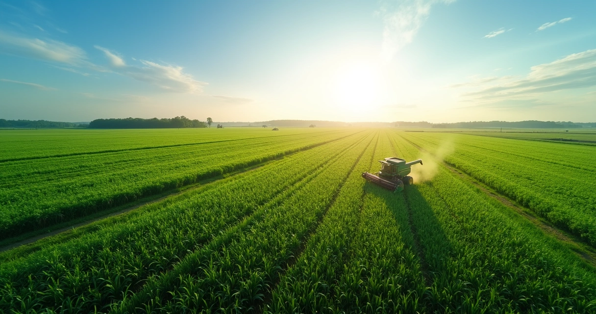 Plantação de soja verde e céu aberto em fazenda 