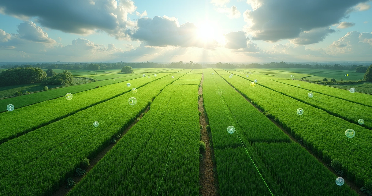 Plantação agrícola no Brasil com sensores de clima e representações de apólices de seguro digitalizadas