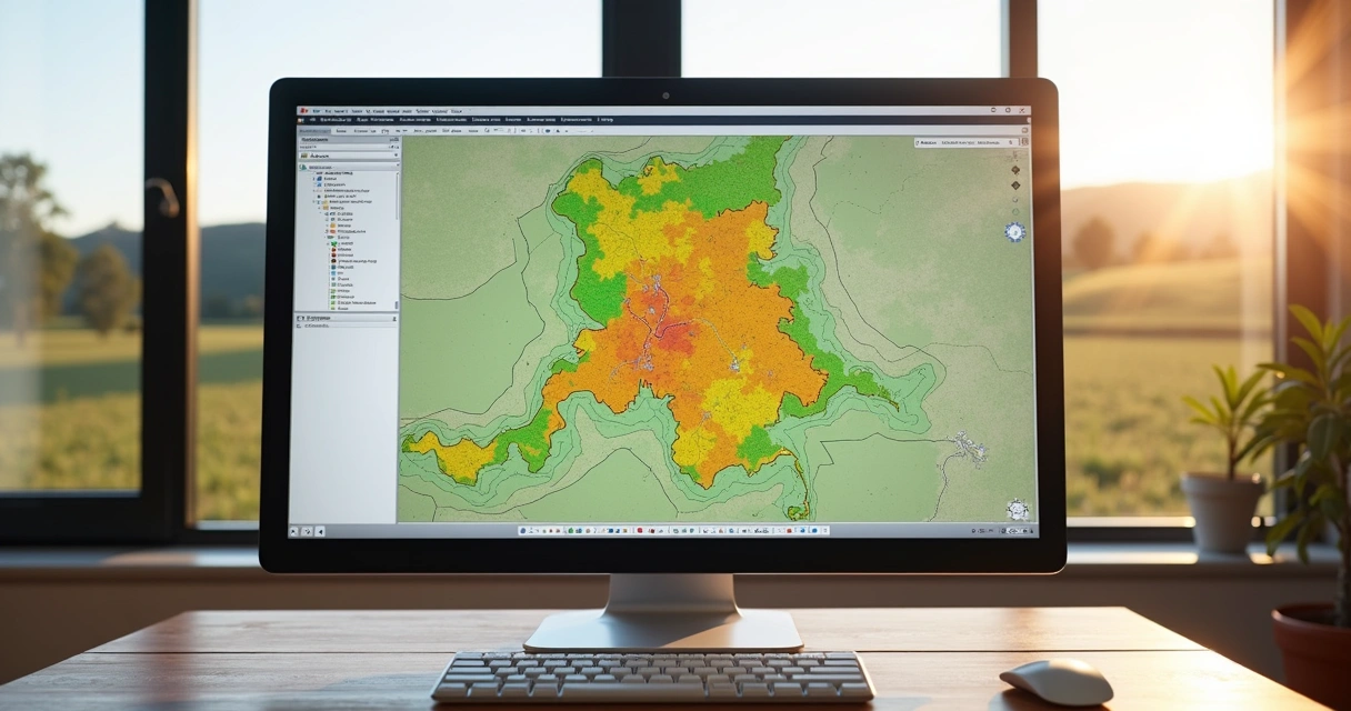 Representação de fazenda rural com mapas digitais e áreas demarcadas 