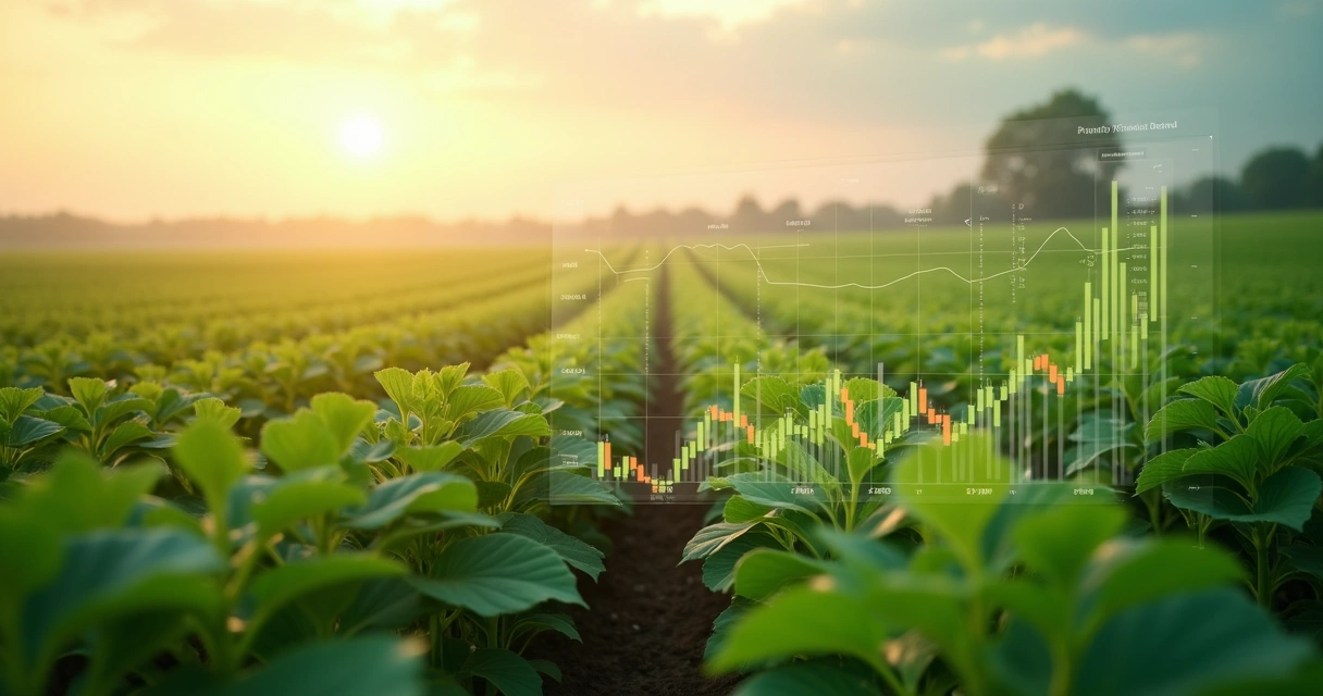 Plantação de soja com gráficos financeiros transparentes ao fundo