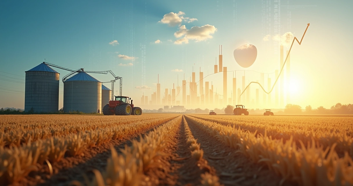 Campo agrícola com silos, tratores e um gráfico financeiro transparente sobreposto ao fundo de céu azul 