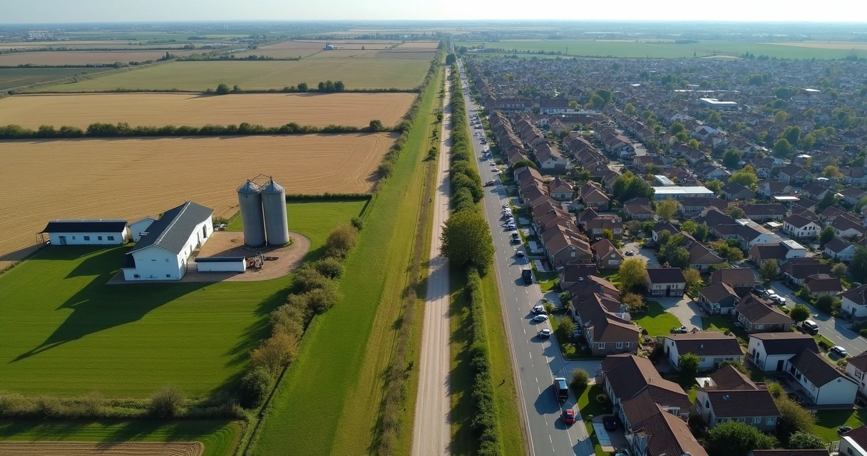 Vista aérea comparando área rural e bairro urbano 