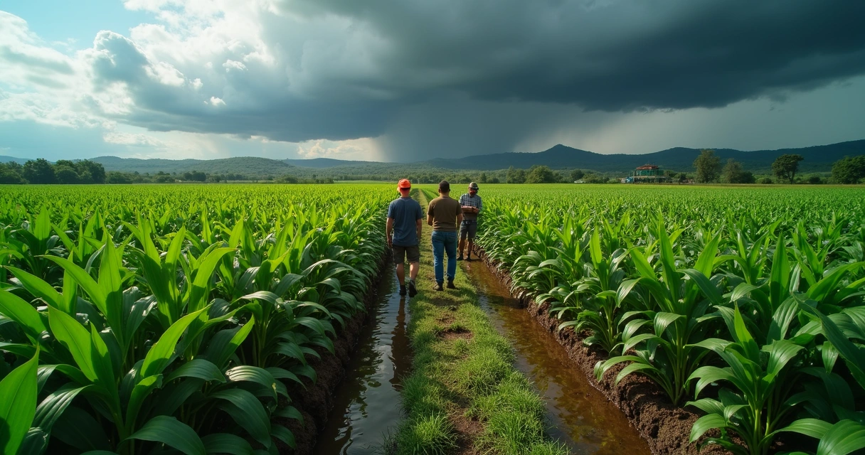 Plantação moderna com áreas de preservação, funcionários com prancheta, céu parcialmente nublado 