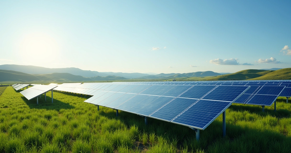 Fazenda de energia solar com vários painéis fotovoltaicos em área rural verde sob céu azul 