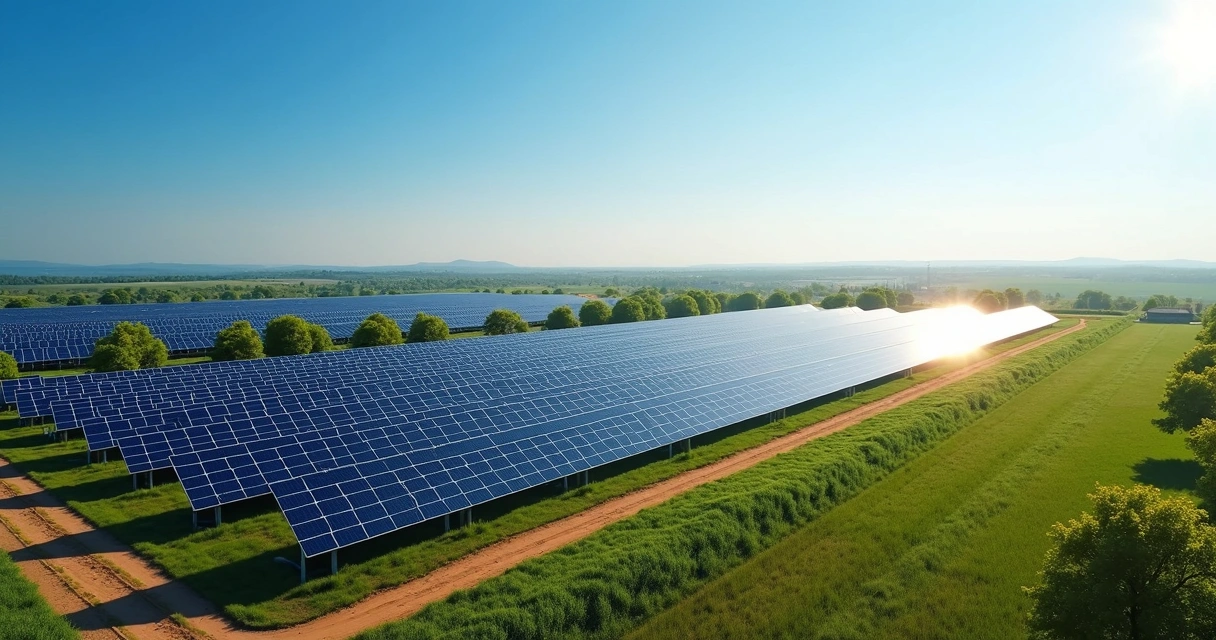 Fazenda solar extensa com painéis fotovoltaicos instalados em terreno aberto sob céu azul claro 