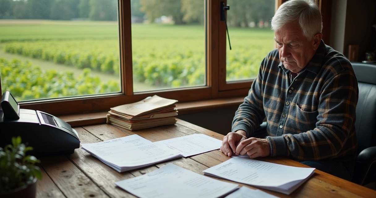 Produtor rural conferindo papéis e notas ao lado de caixa registradora em uma fazenda 