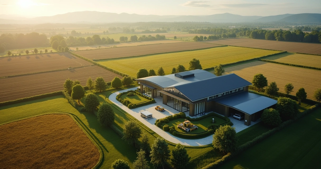 Vista superior de uma fazenda com áreas de plantio, sede administrativa moderna e zonas de máquinas agrícolas 