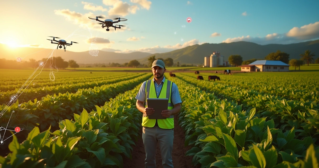 Agrônomo usando tablet com sensores IoT em plantação no Brasil 