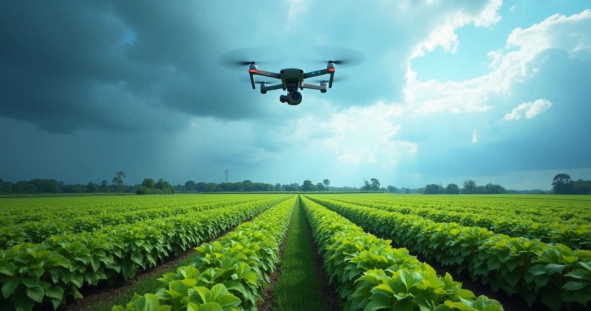 Campo agrícola com sensores e um drone monitorando a plantação sob céu azul com nuvens e radar meteorológico digital 