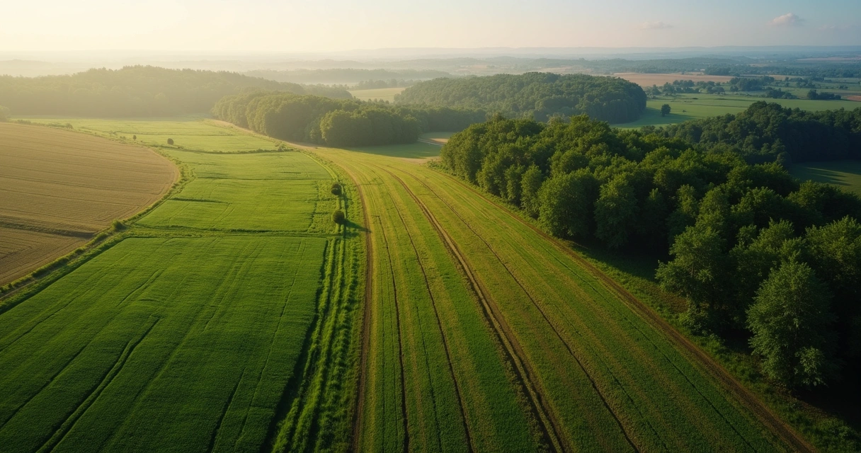 Vista aérea de fazenda com metade lavoura e metade mata preservada 