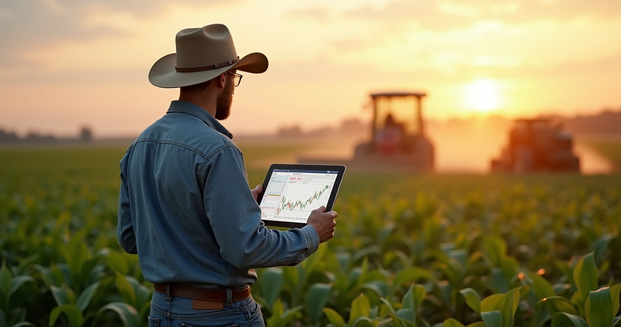Produtor rural olha dados agrícolas em tablet ao lado de campo plantado 