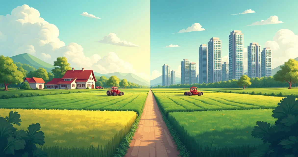 Divisão visual entre área de fazenda e área urbana com imóveis e edifícios