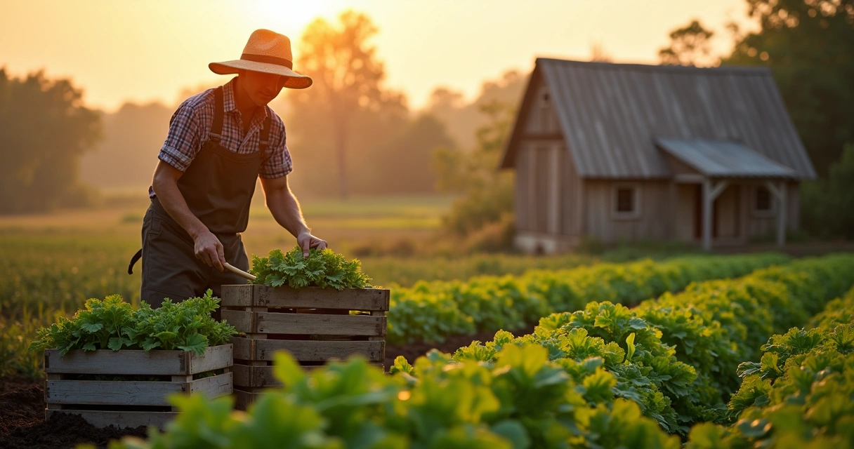 Pequena fazenda com trabalhador colhendo legumes em caixas de madeira 