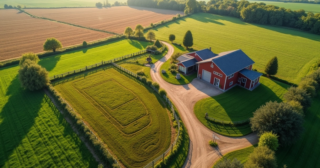 Vista aérea detalhada de uma fazenda rural com áreas de cultivo, cercas e moradias 