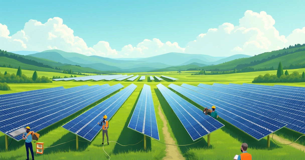 Fazenda solar vista de cima, painéis solares organizados em fileiras, funcionários monitorando a operação. 