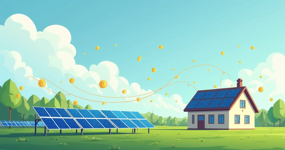 Fazenda solar com painéis e linhas conectando a uma residência 