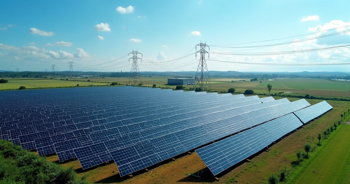 Vista aérea de fazenda solar com vários painéis, céu limpo e linhas de transmissão ao fundo 