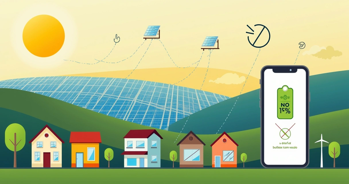 Ilustração de fazenda solar conectada a casas por assinatura de energia 